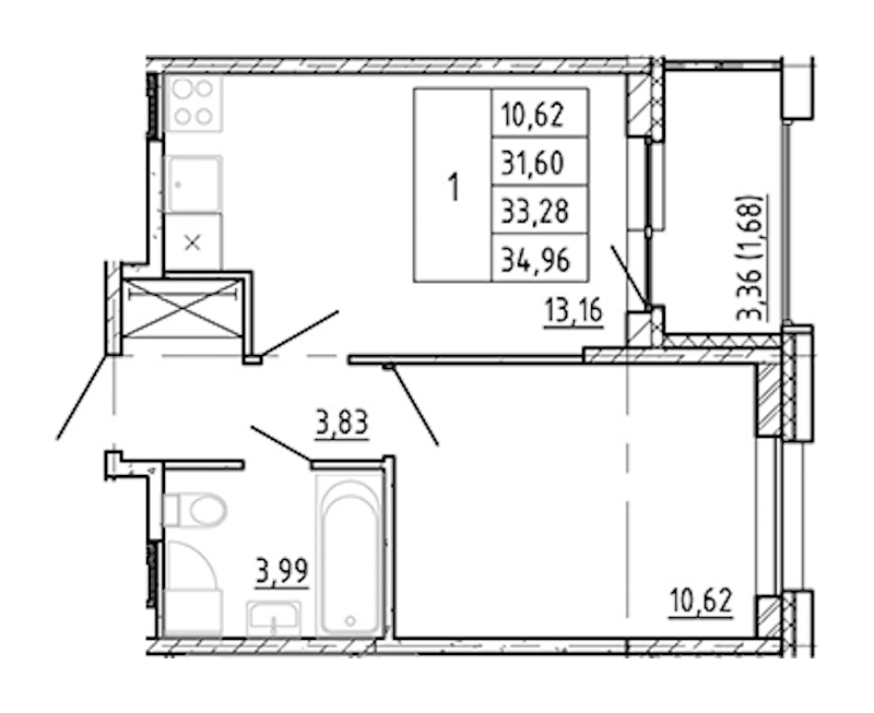 1-комнатная квартира 31.6 м², 7/12 эт., ЖК «Полис Новоселье»
